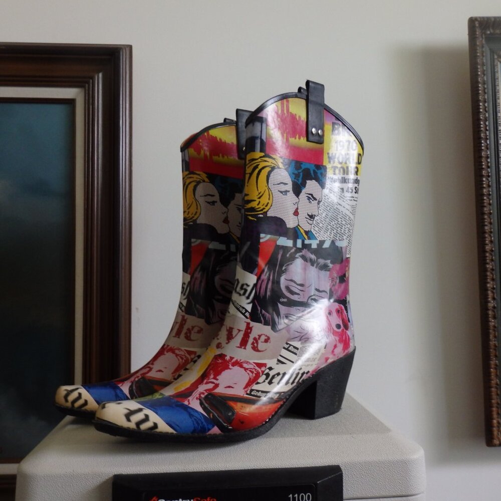 Colorful newsprint cartoon rain rubber boots wellies